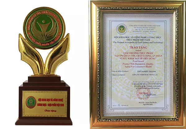 Sản phẩm uy tín, chất lượng, an toàn vì sức khỏe người tiêu dùng do Hội khoa học và công nghệ lương thực thực phẩm Việt Nam trao tặng